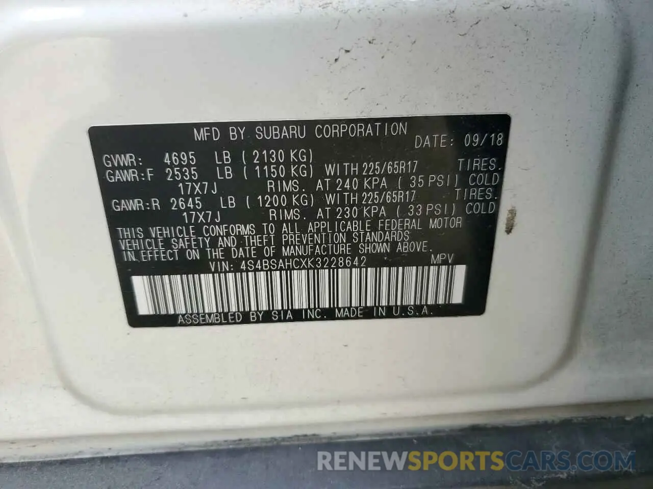 12 Фотография поврежденного автомобиля 4S4BSAHCXK3228642 SUBARU OUTBACK 2019