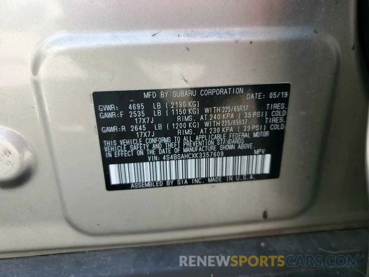 13 Photograph of a damaged car 4S4BSAHCXK3357609 SUBARU OUTBACK 2019