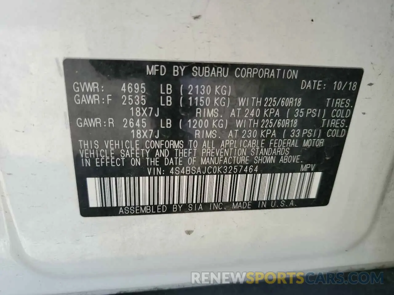 12 Photograph of a damaged car 4S4BSAJC0K3257464 SUBARU OUTBACK 2019