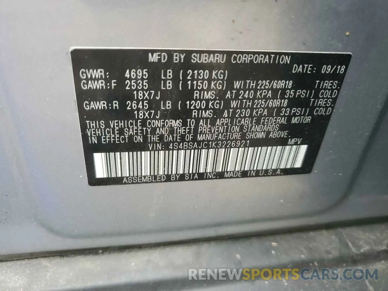 12 Photograph of a damaged car 4S4BSAJC1K3226921 SUBARU OUTBACK 2019