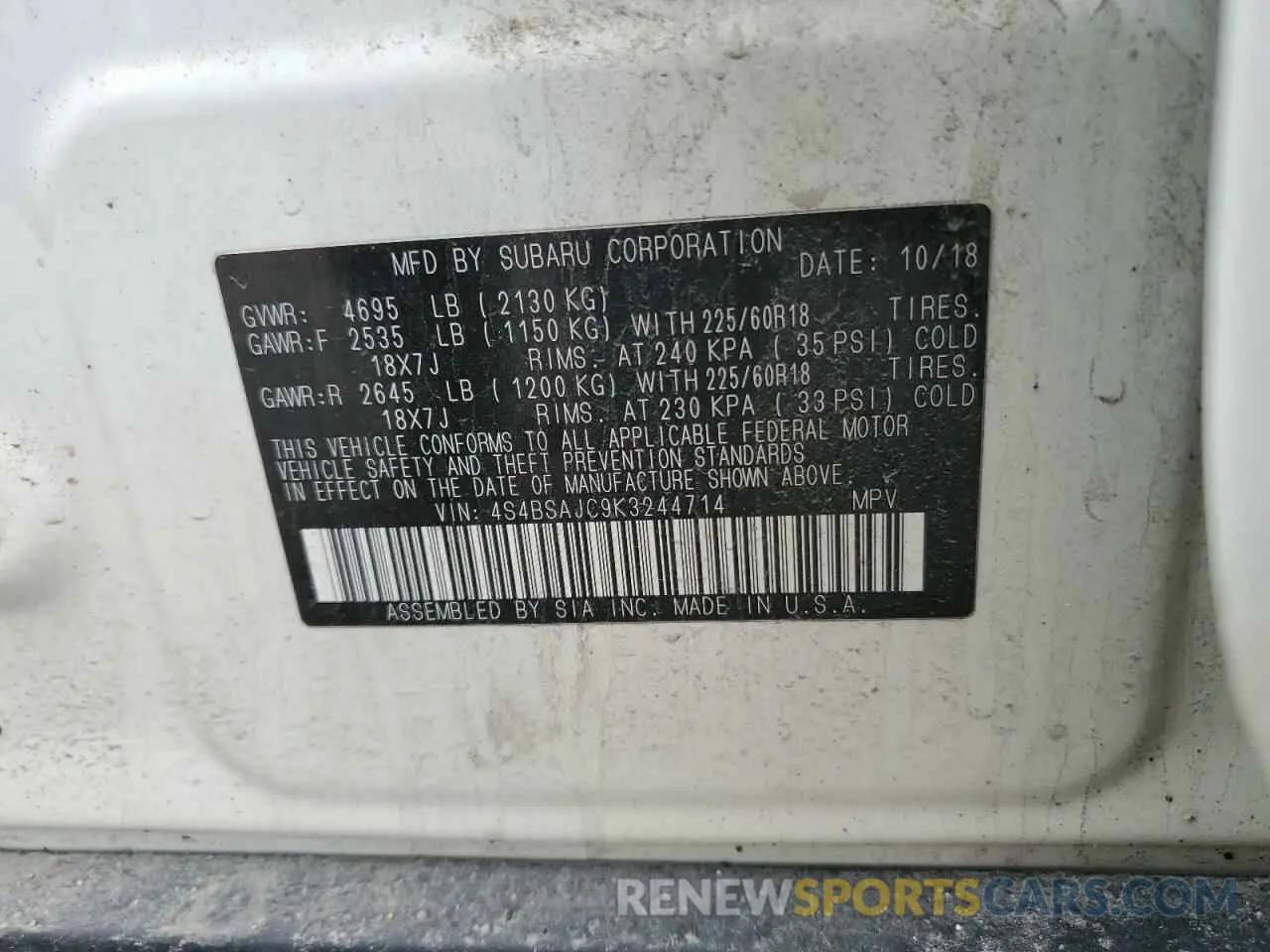 13 Фотография поврежденного автомобиля 4S4BSAJC9K3244714 SUBARU OUTBACK 2019