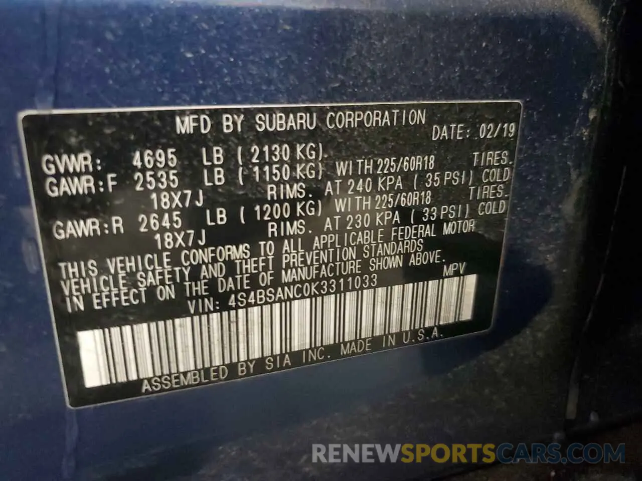16 Photograph of a damaged car 4S4BSANC0K3311033 SUBARU OUTBACK 2019
