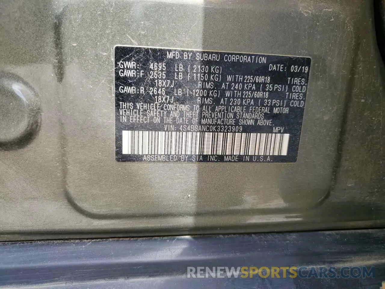 13 Photograph of a damaged car 4S4BSANC0K3323909 SUBARU OUTBACK 2019