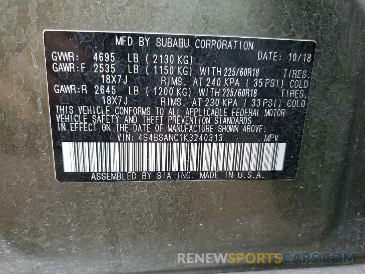 13 Photograph of a damaged car 4S4BSANC1K3240313 SUBARU OUTBACK 2019