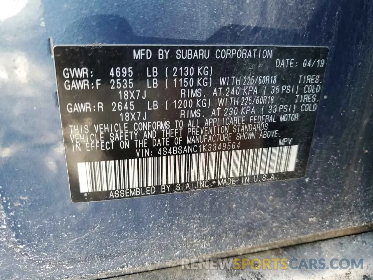 14 Photograph of a damaged car 4S4BSANC1K3349564 SUBARU OUTBACK 2019