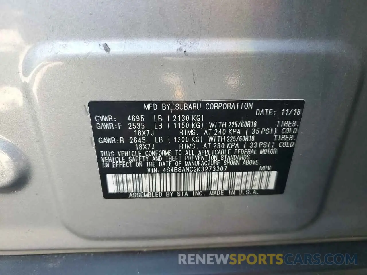 13 Photograph of a damaged car 4S4BSANC2K3273207 SUBARU OUTBACK 2019