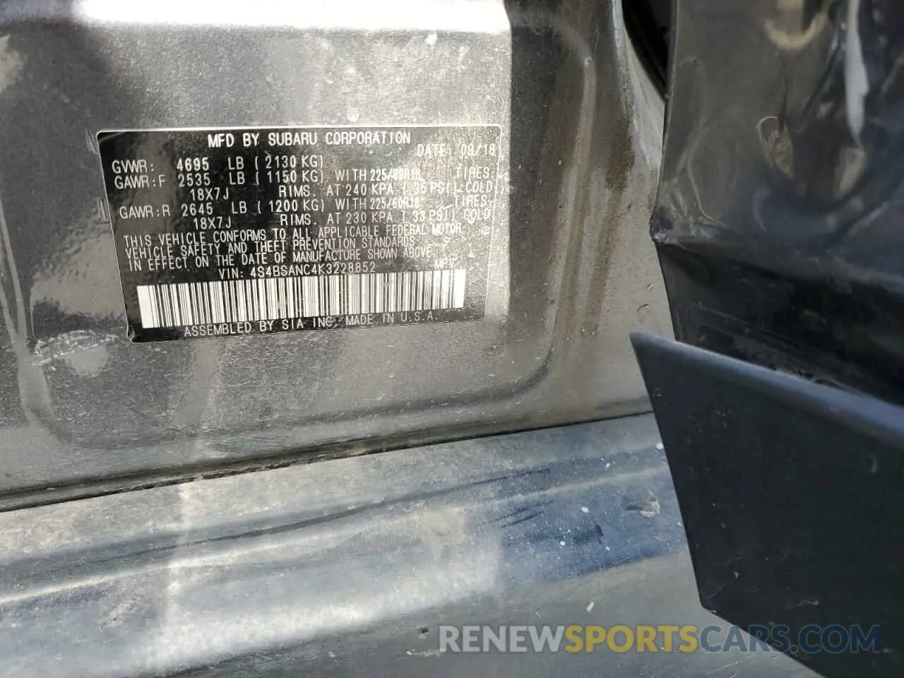 15 Photograph of a damaged car 4S4BSANC4K3228852 SUBARU OUTBACK 2019