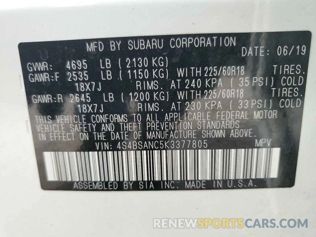 12 Photograph of a damaged car 4S4BSANC5K3377805 SUBARU OUTBACK 2019