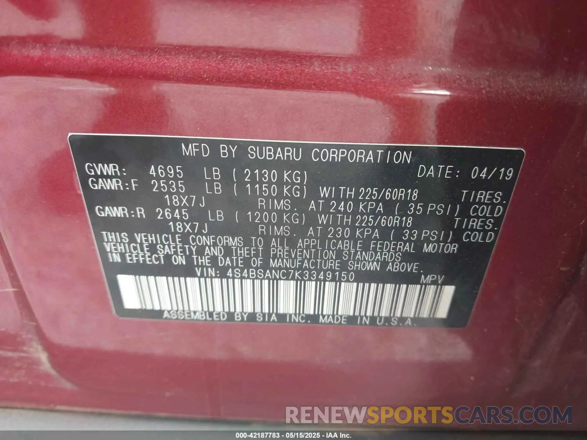 9 Фотография поврежденного автомобиля 4S4BSANC7K3349150 SUBARU OUTBACK 2019
