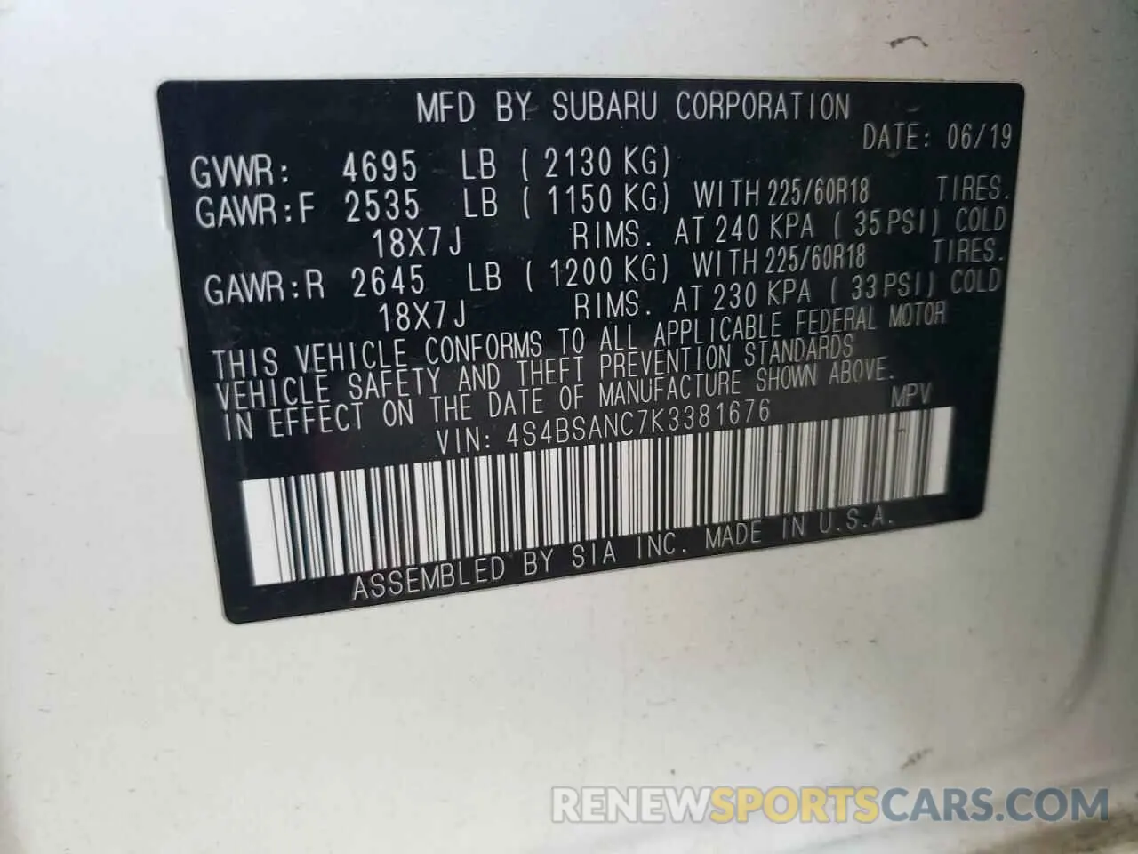 13 Photograph of a damaged car 4S4BSANC7K3381676 SUBARU OUTBACK 2019