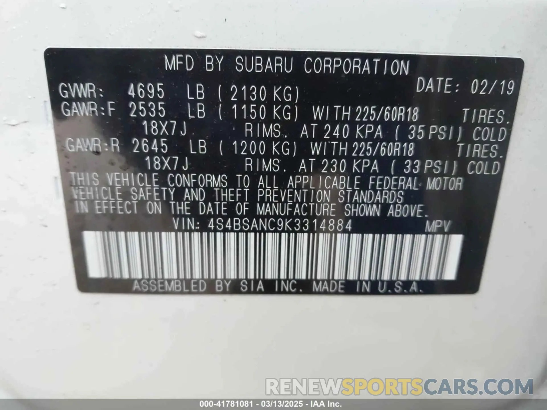 9 Фотография поврежденного автомобиля 4S4BSANC9K3314884 SUBARU OUTBACK 2019