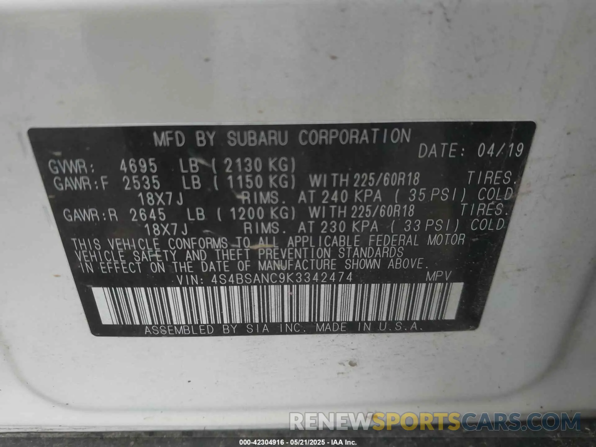 9 Фотография поврежденного автомобиля 4S4BSANC9K3342474 SUBARU OUTBACK 2019