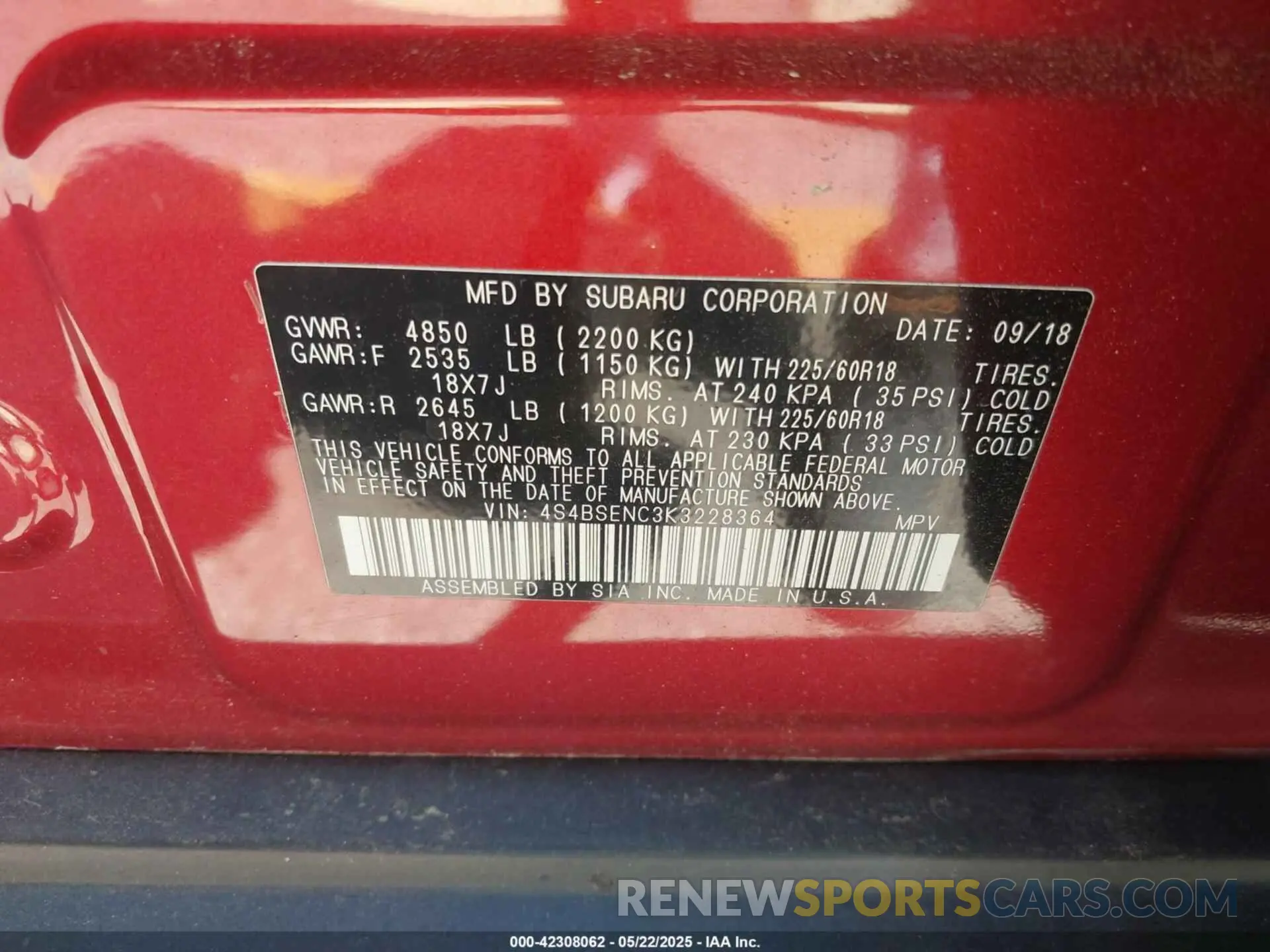 9 Photograph of a damaged car 4S4BSENC3K3228364 SUBARU OUTBACK 2019