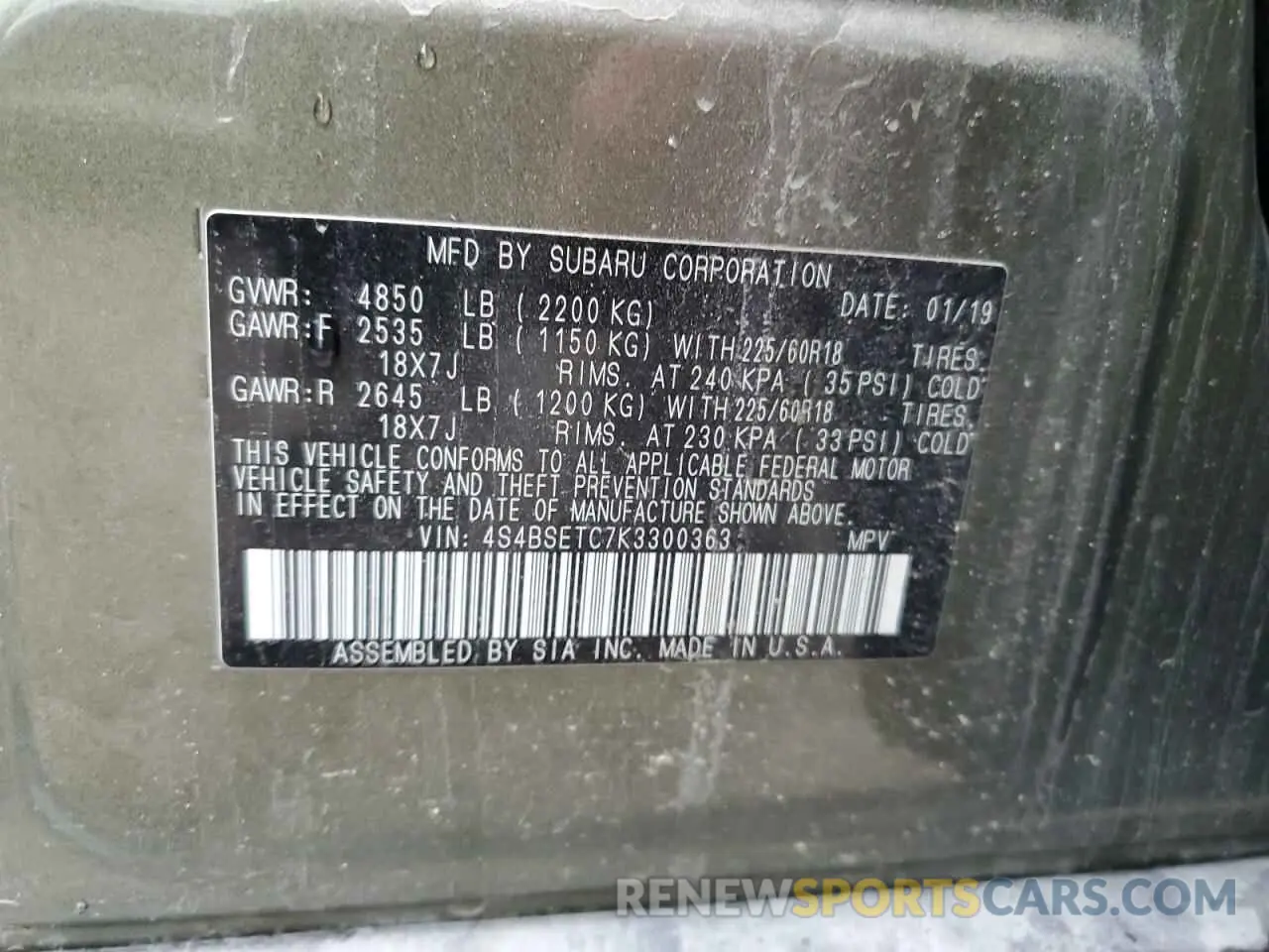 12 Фотография поврежденного автомобиля 4S4BSETC7K3300363 SUBARU OUTBACK 2019