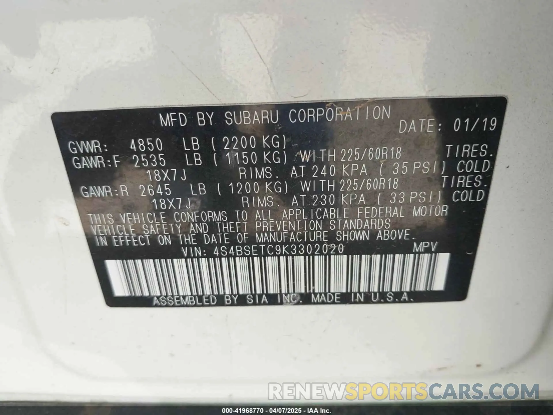 9 Photograph of a damaged car 4S4BSETC9K3302020 SUBARU OUTBACK 2019