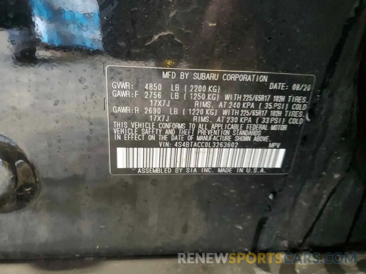 12 Photograph of a damaged car 4S4BTACC0L3263602 SUBARU OUTBACK 2020
