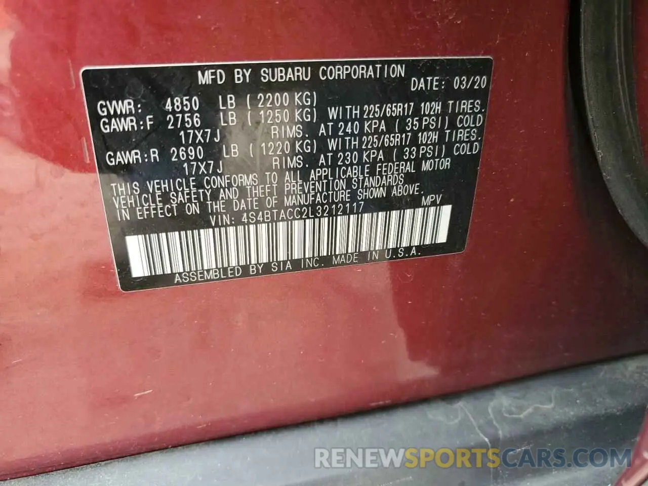 13 Photograph of a damaged car 4S4BTACC2L3212117 SUBARU OUTBACK 2020