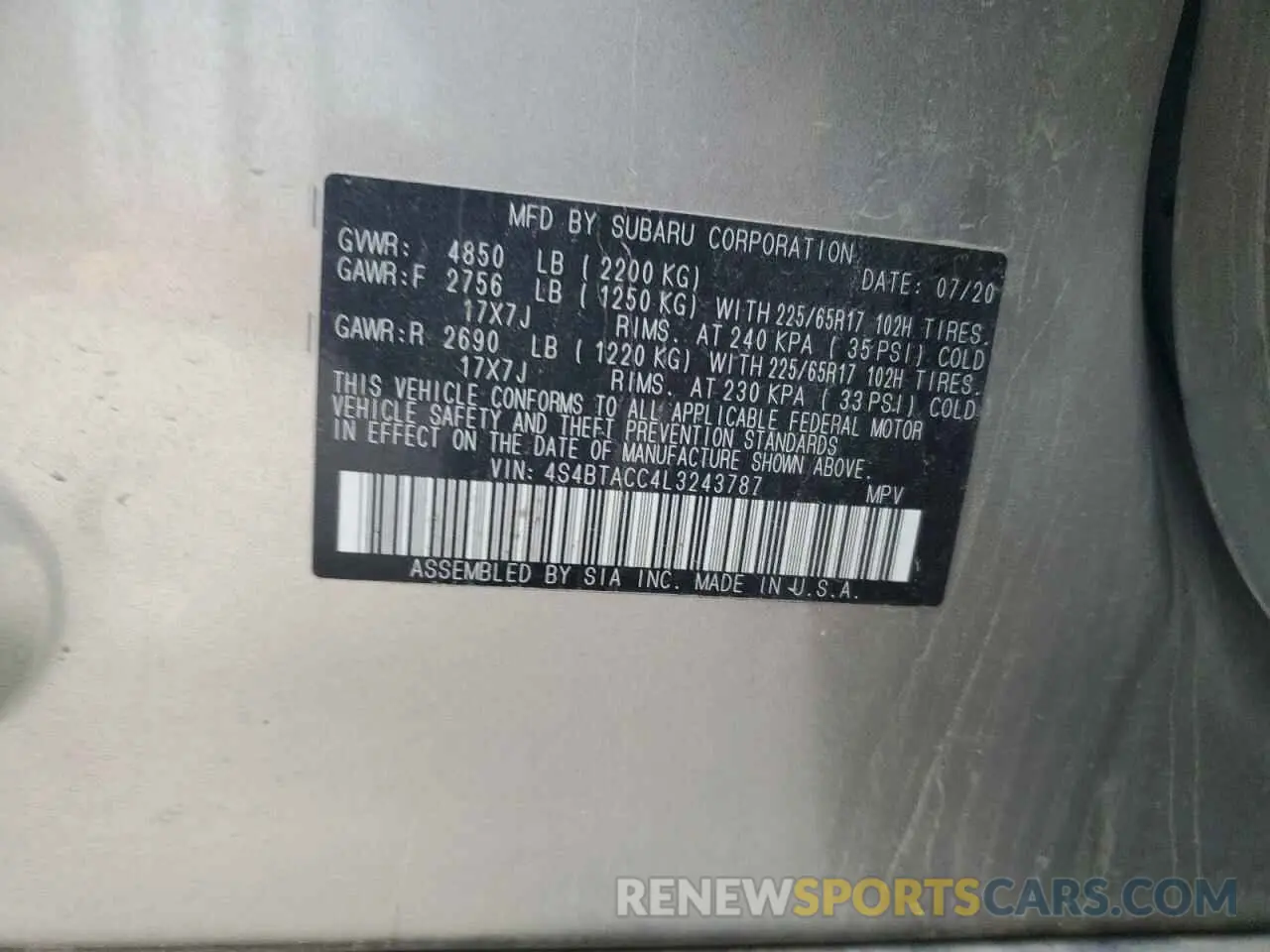 12 Фотография поврежденного автомобиля 4S4BTACC4L3243787 SUBARU OUTBACK 2020