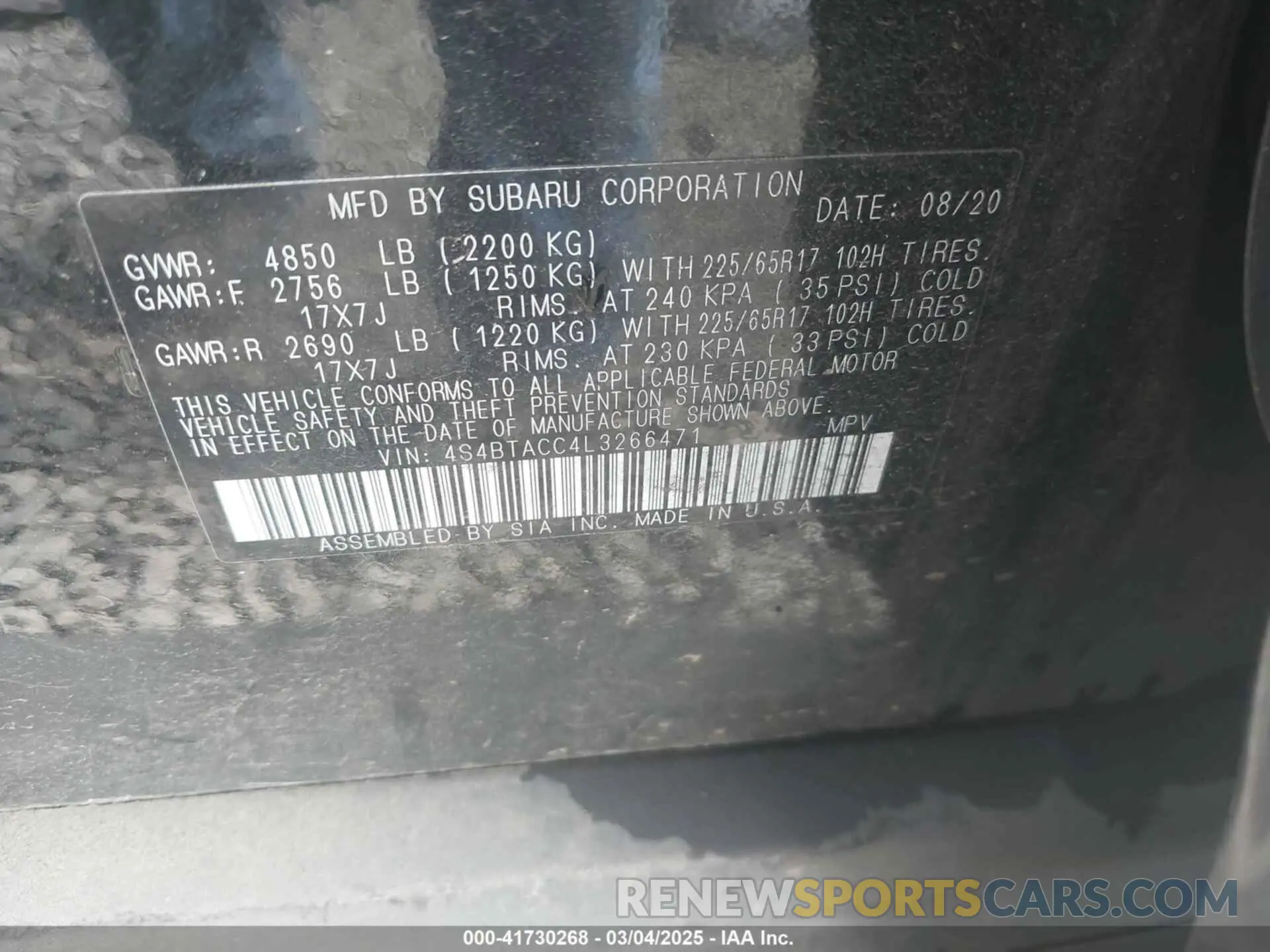 9 Photograph of a damaged car 4S4BTACC4L3266471 SUBARU OUTBACK 2020