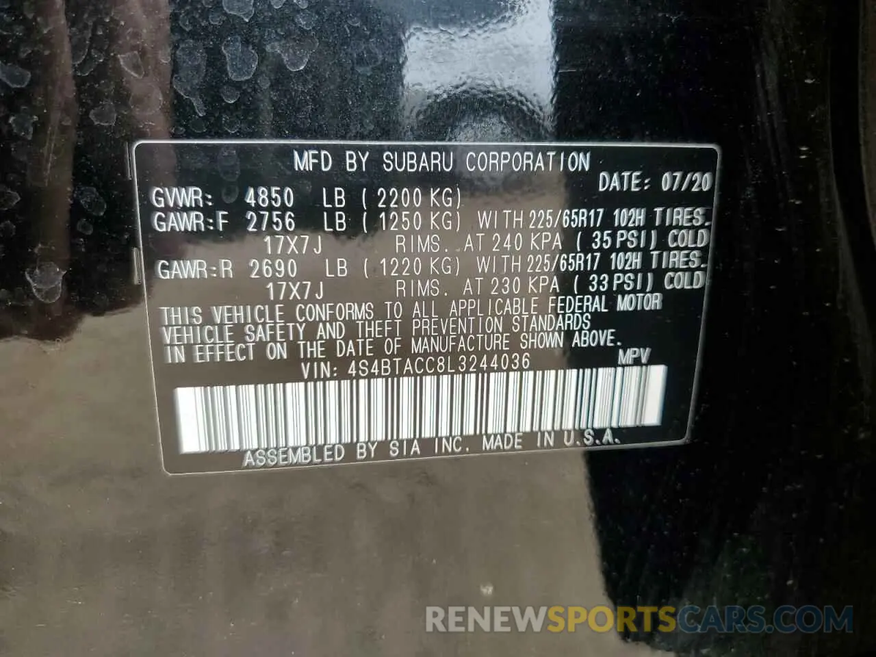 12 Photograph of a damaged car 4S4BTACC8L3244036 SUBARU OUTBACK 2020