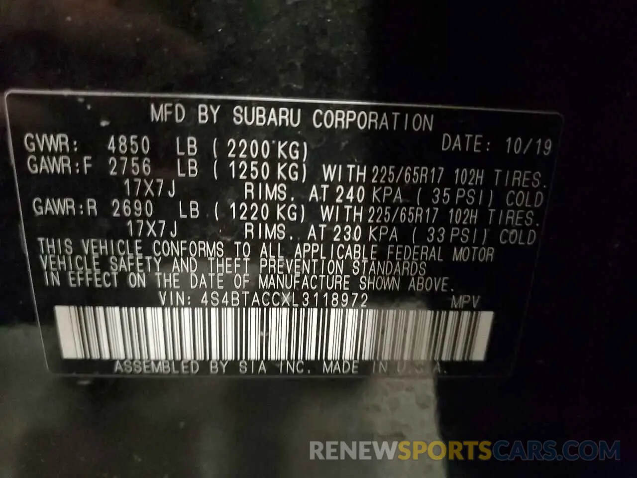 13 Photograph of a damaged car 4S4BTACCXL3118972 SUBARU OUTBACK 2020