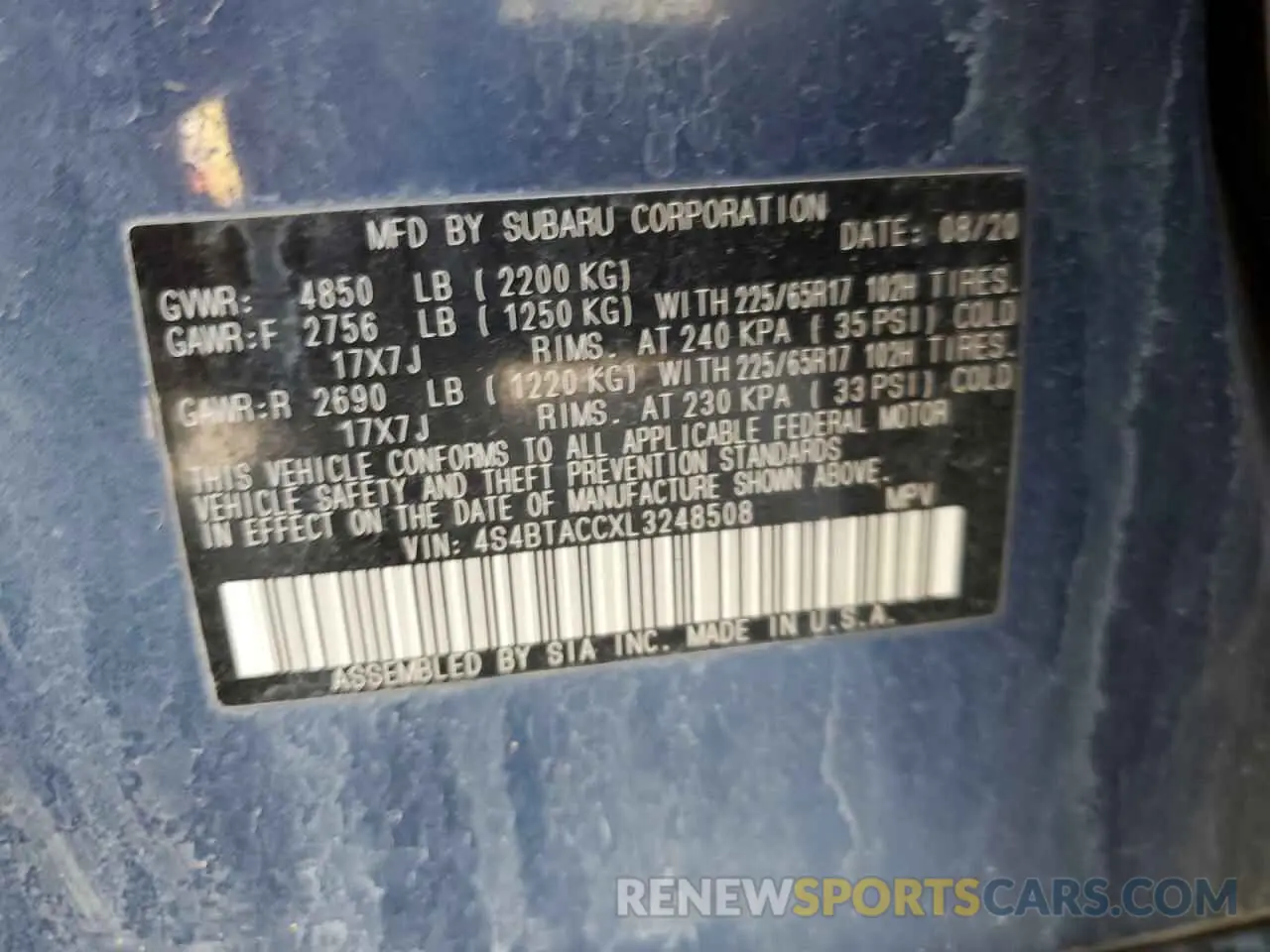 13 Фотография поврежденного автомобиля 4S4BTACCXL3248508 SUBARU OUTBACK 2020
