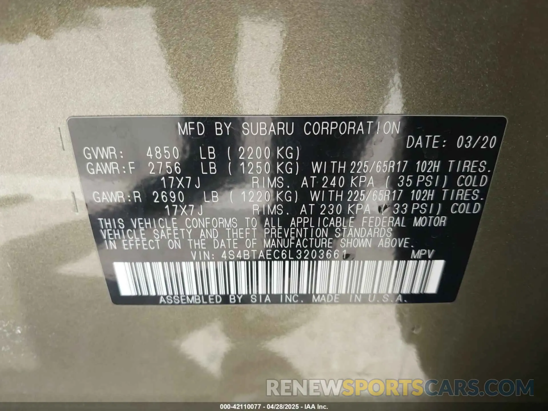 9 Photograph of a damaged car 4S4BTAEC6L3203661 SUBARU OUTBACK 2020