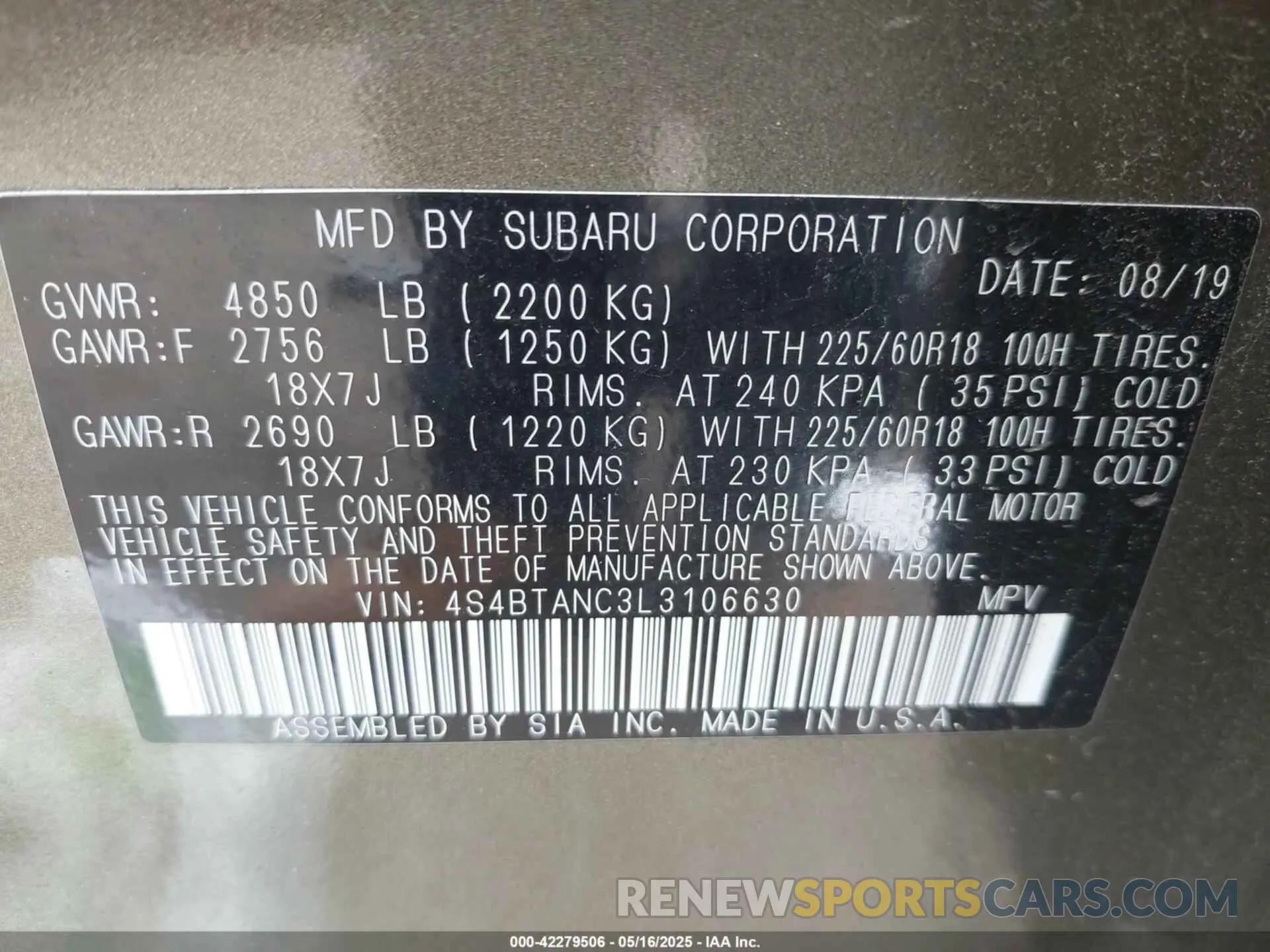 9 Photograph of a damaged car 4S4BTANC3L3106630 SUBARU OUTBACK 2020