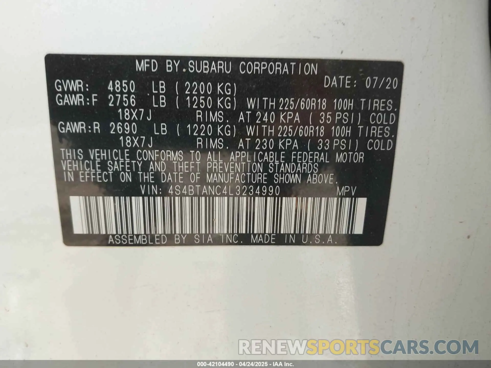 9 Фотография поврежденного автомобиля 4S4BTANC4L3234990 SUBARU OUTBACK 2020
