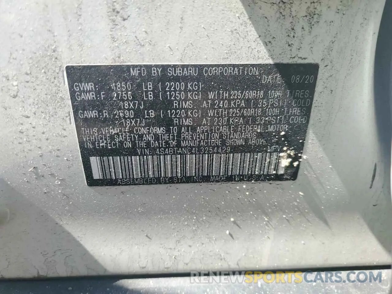12 Photograph of a damaged car 4S4BTANC4L3254429 SUBARU OUTBACK 2020