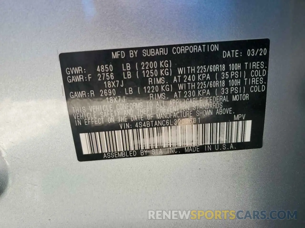 12 Photograph of a damaged car 4S4BTANC6L3200601 SUBARU OUTBACK 2020