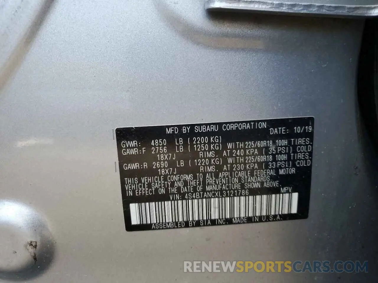 14 Фотография поврежденного автомобиля 4S4BTANCXL3121786 SUBARU OUTBACK 2020