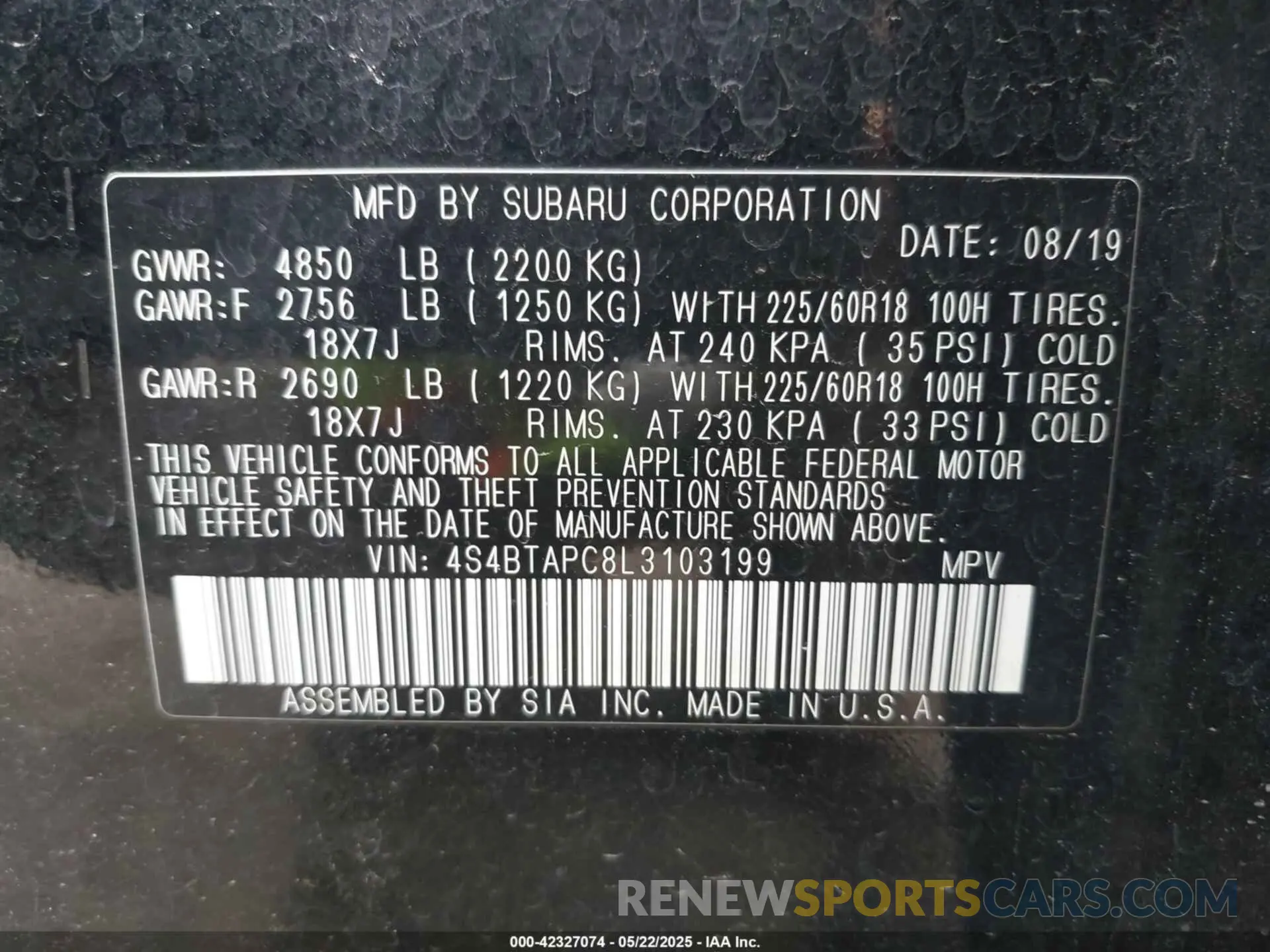 9 Фотография поврежденного автомобиля 4S4BTAPC8L3103199 SUBARU OUTBACK 2020