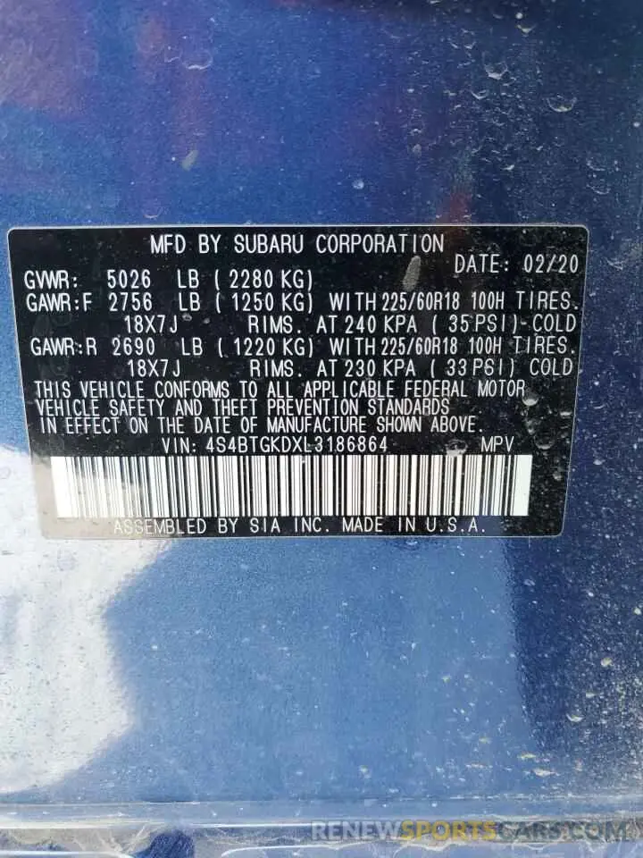 13 Photograph of a damaged car 4S4BTGKDXL3186864 SUBARU OUTBACK 2020