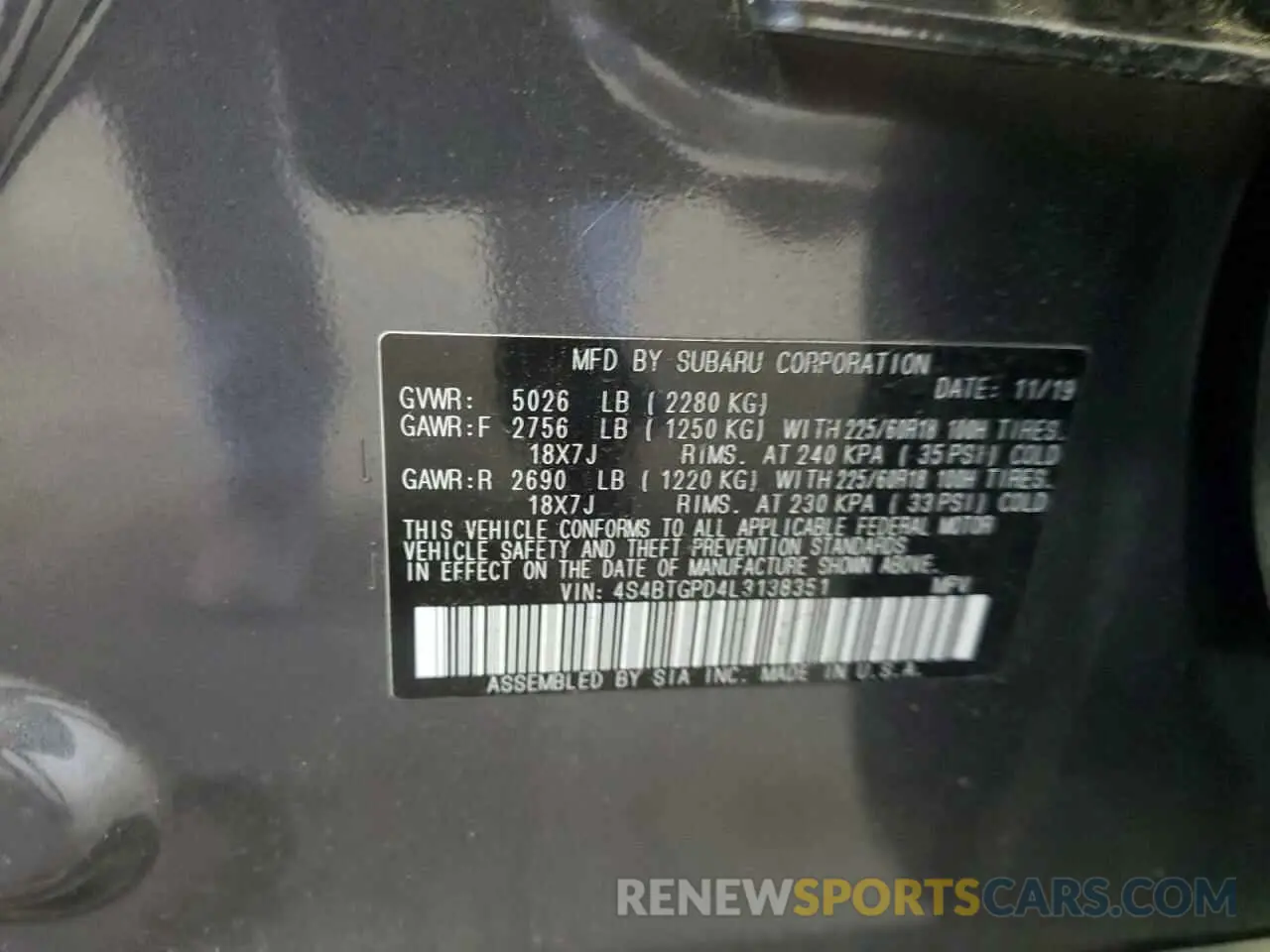13 Photograph of a damaged car 4S4BTGPD4L3138351 SUBARU OUTBACK 2020