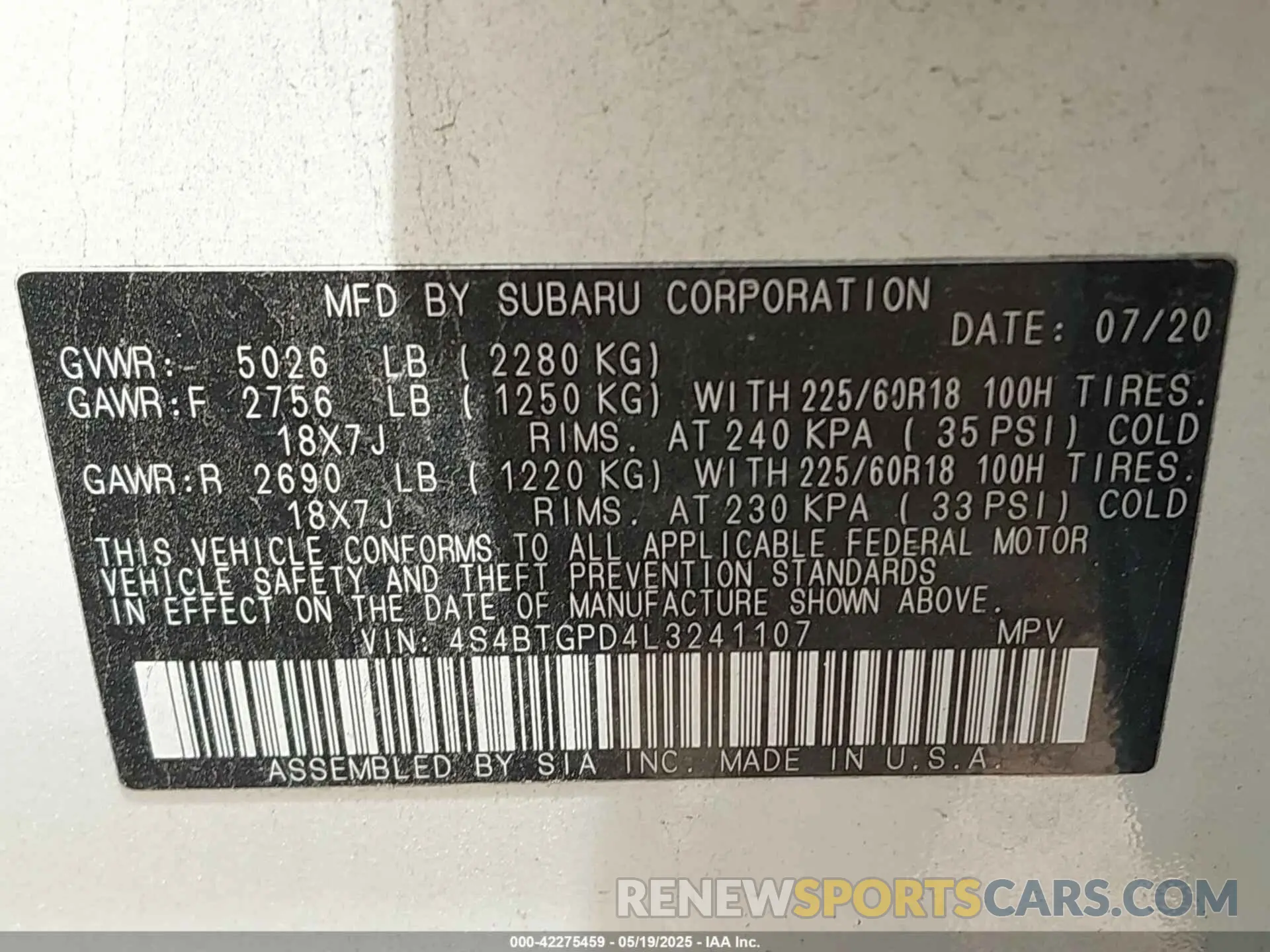 9 Фотография поврежденного автомобиля 4S4BTGPD4L3241107 SUBARU OUTBACK 2020