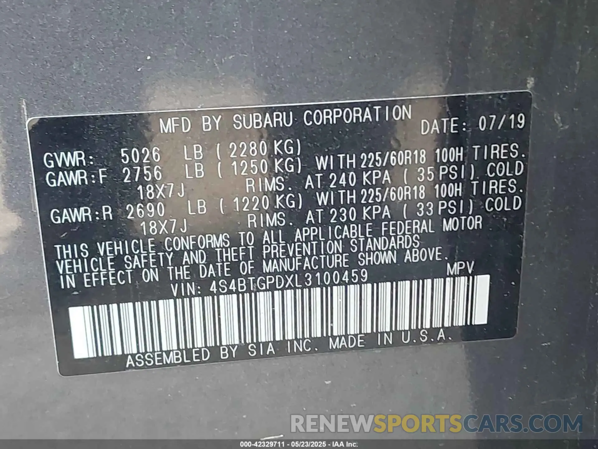 9 Фотография поврежденного автомобиля 4S4BTGPDXL3100459 SUBARU OUTBACK 2020