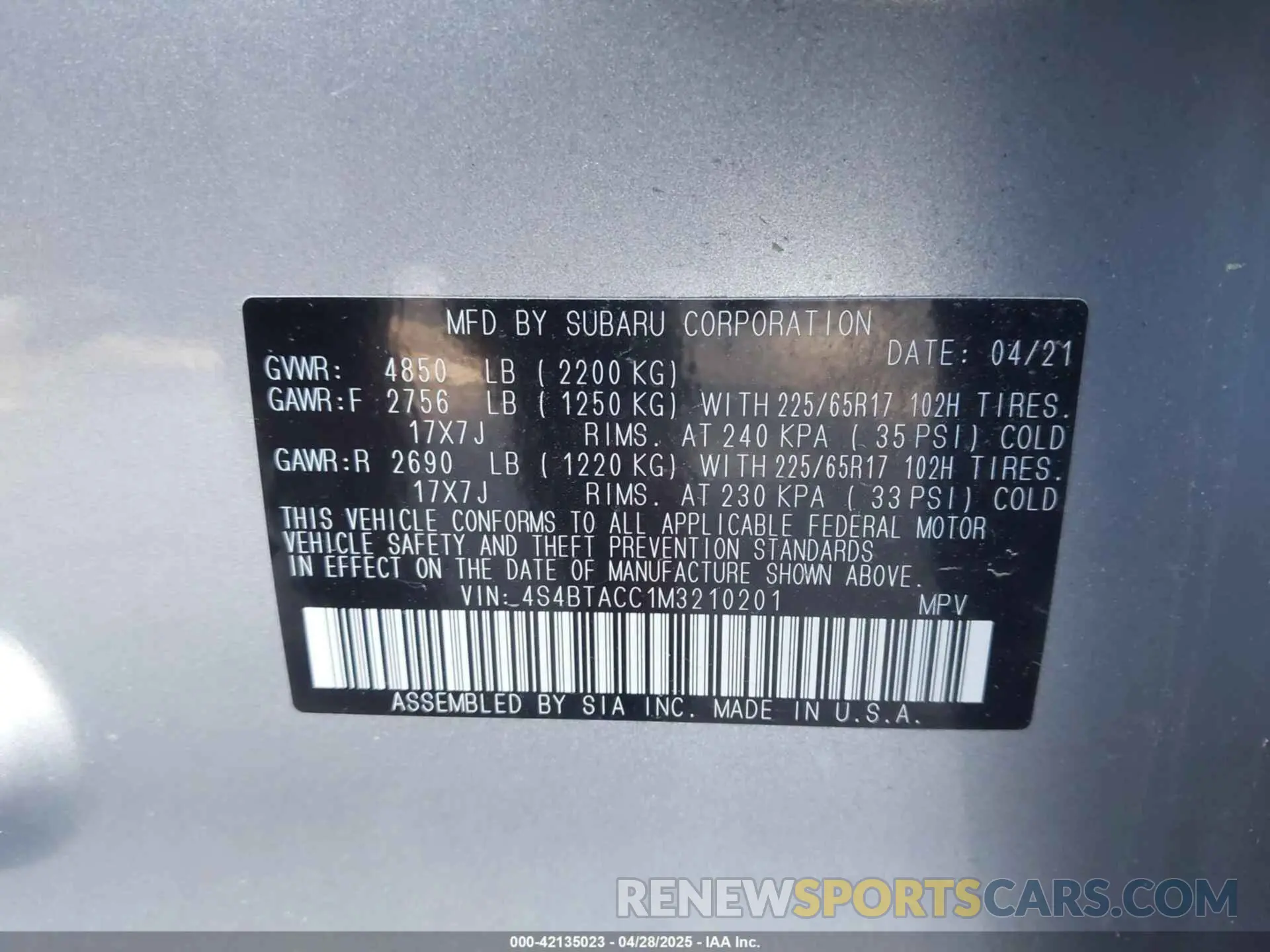 9 Photograph of a damaged car 4S4BTACC1M3210201 SUBARU OUTBACK 2021