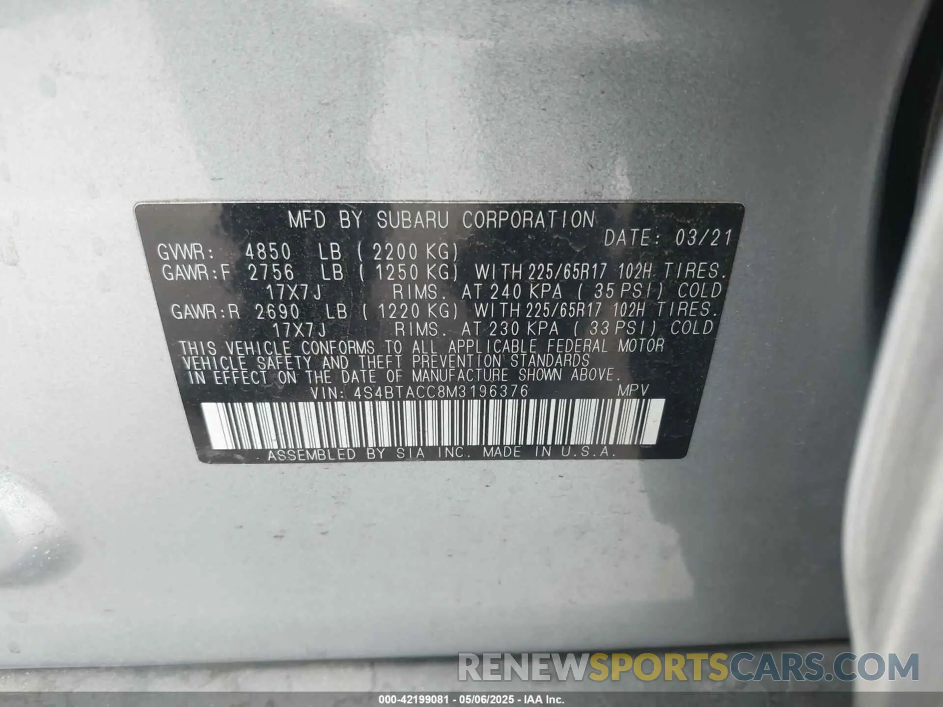 9 Фотография поврежденного автомобиля 4S4BTACC8M3196376 SUBARU OUTBACK 2021