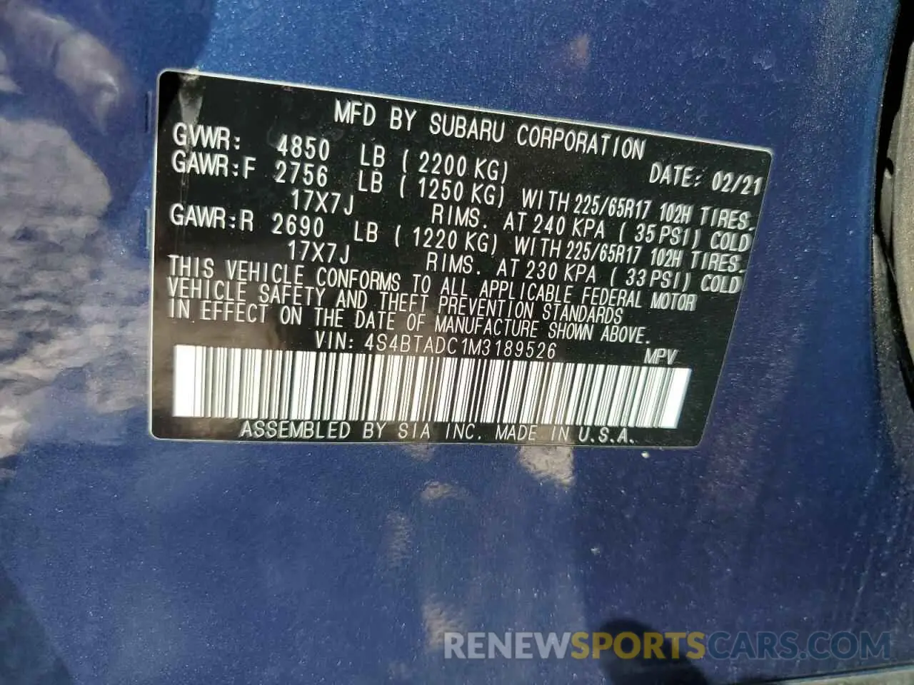 12 Photograph of a damaged car 4S4BTADC1M3189526 SUBARU OUTBACK 2021