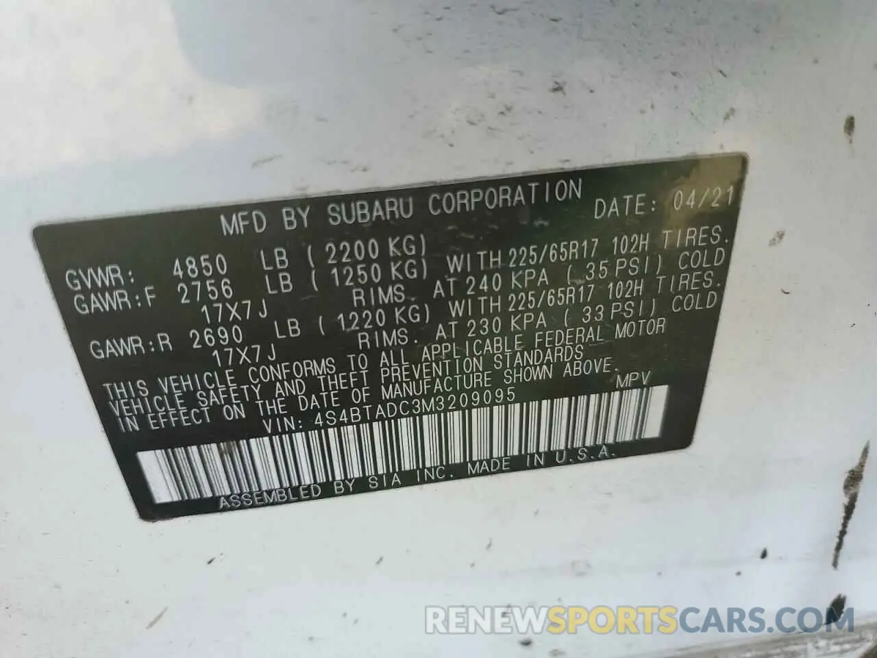 13 Photograph of a damaged car 4S4BTADC3M3209095 SUBARU OUTBACK 2021