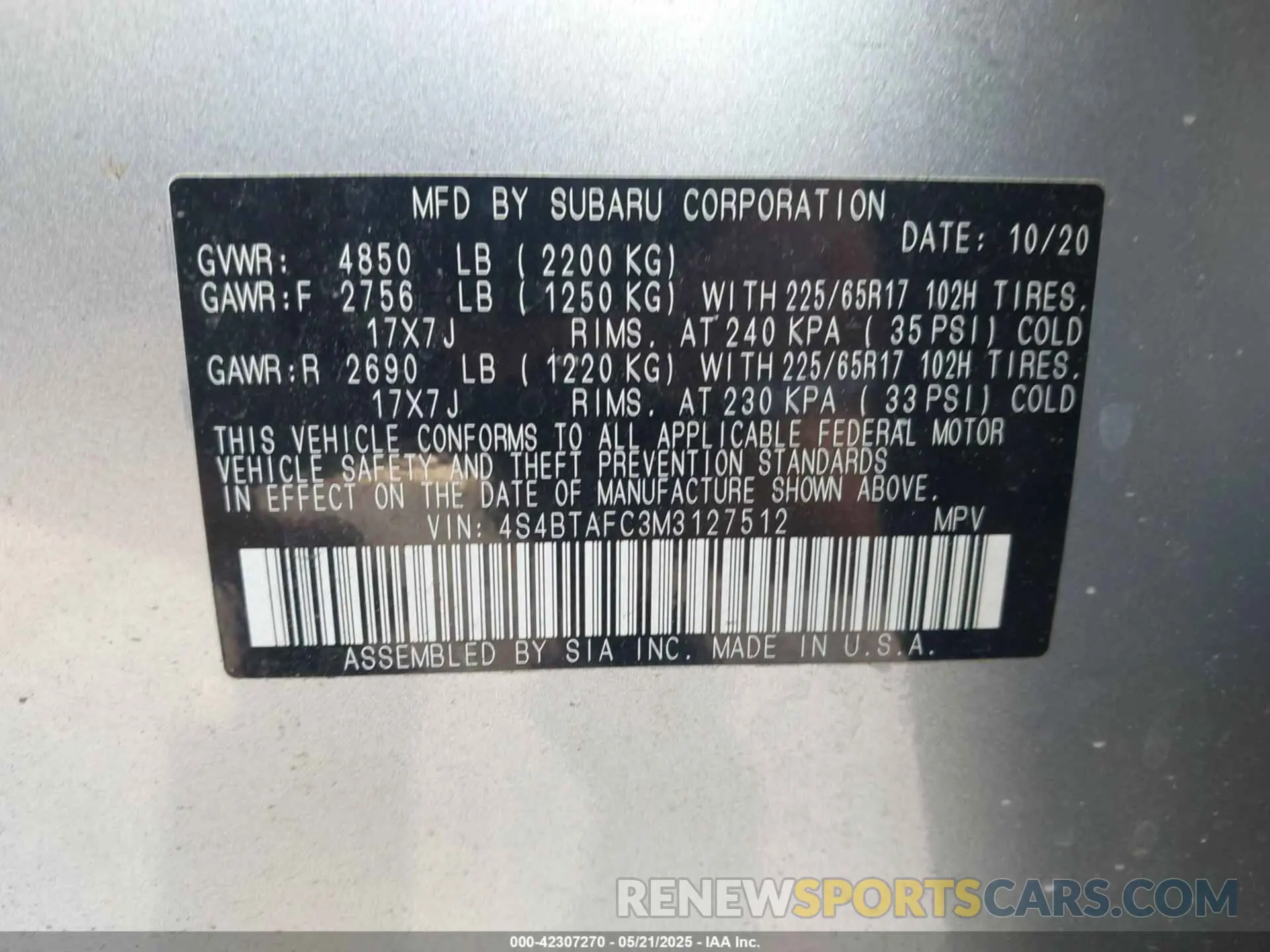 9 Фотография поврежденного автомобиля 4S4BTAFC3M3127512 SUBARU OUTBACK 2021
