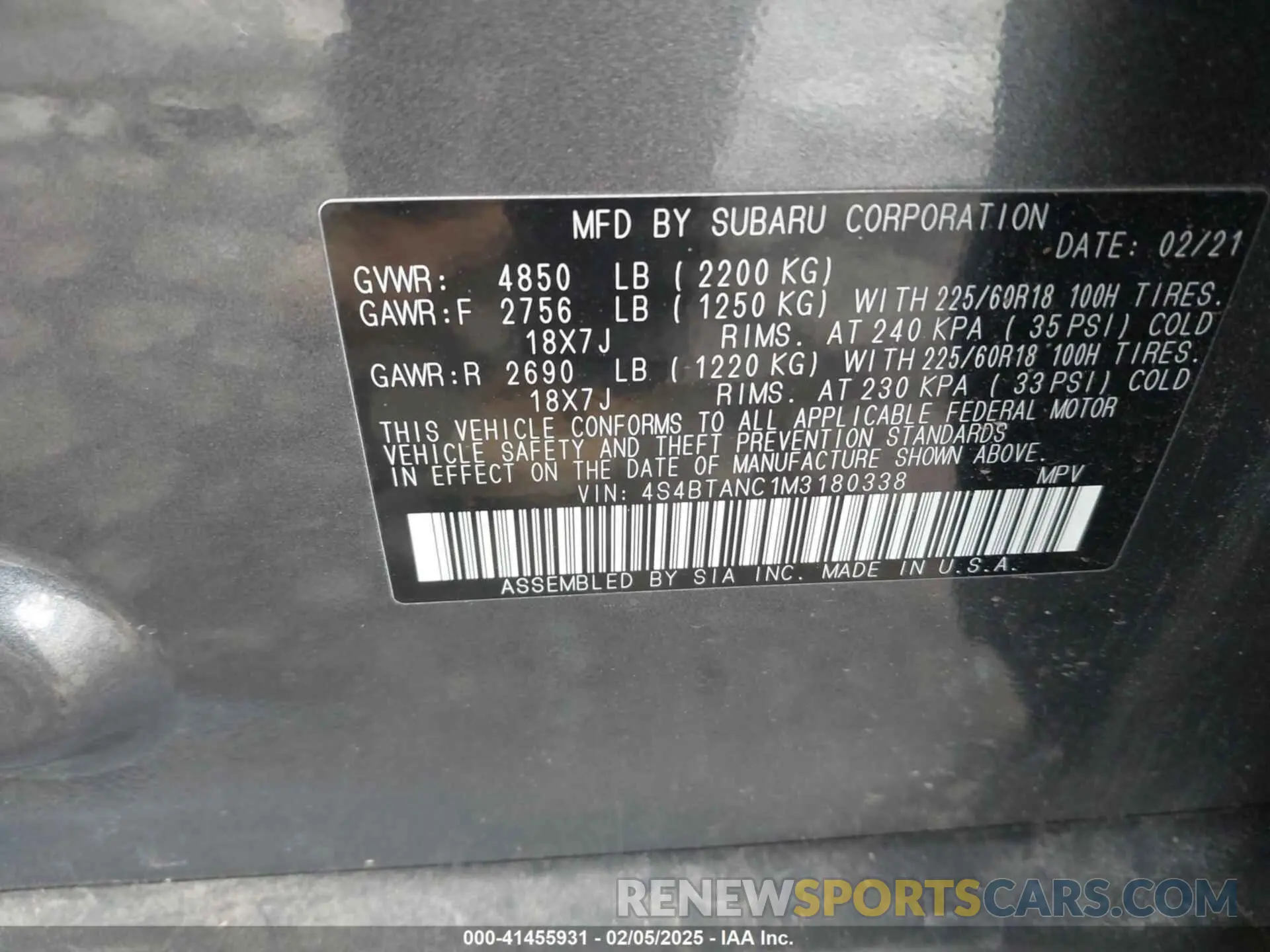9 Фотография поврежденного автомобиля 4S4BTANC1M3180338 SUBARU OUTBACK 2021