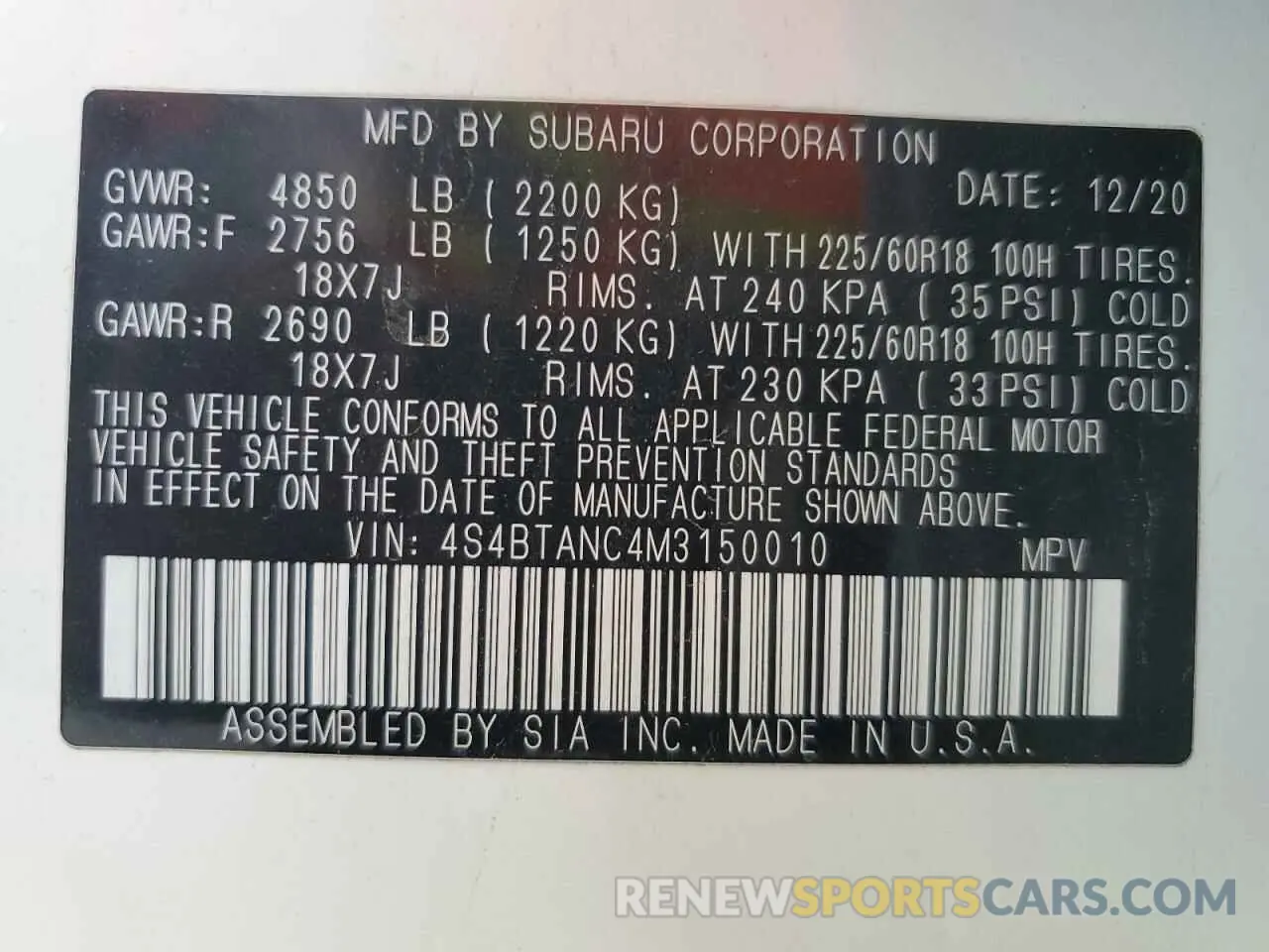 14 Photograph of a damaged car 4S4BTANC4M3150010 SUBARU OUTBACK 2021