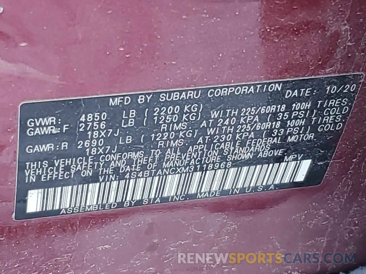 12 Photograph of a damaged car 4S4BTANCXM3118968 SUBARU OUTBACK 2021