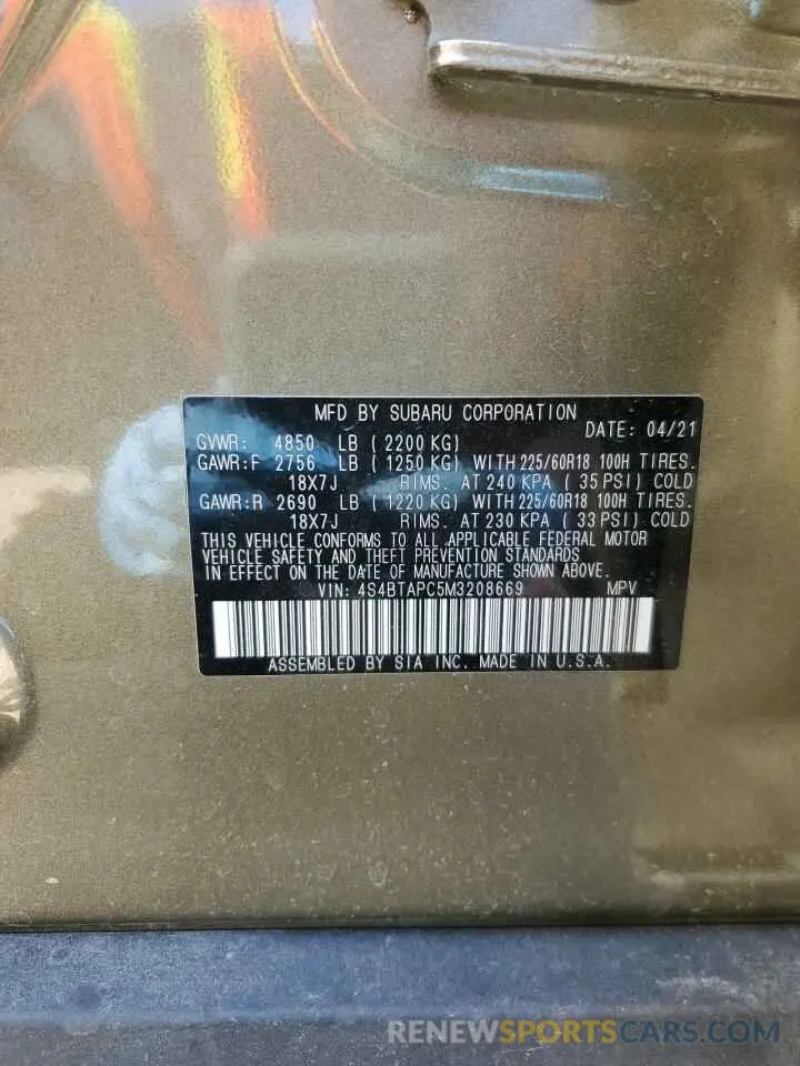 13 Photograph of a damaged car 4S4BTAPC5M3208669 SUBARU OUTBACK 2021