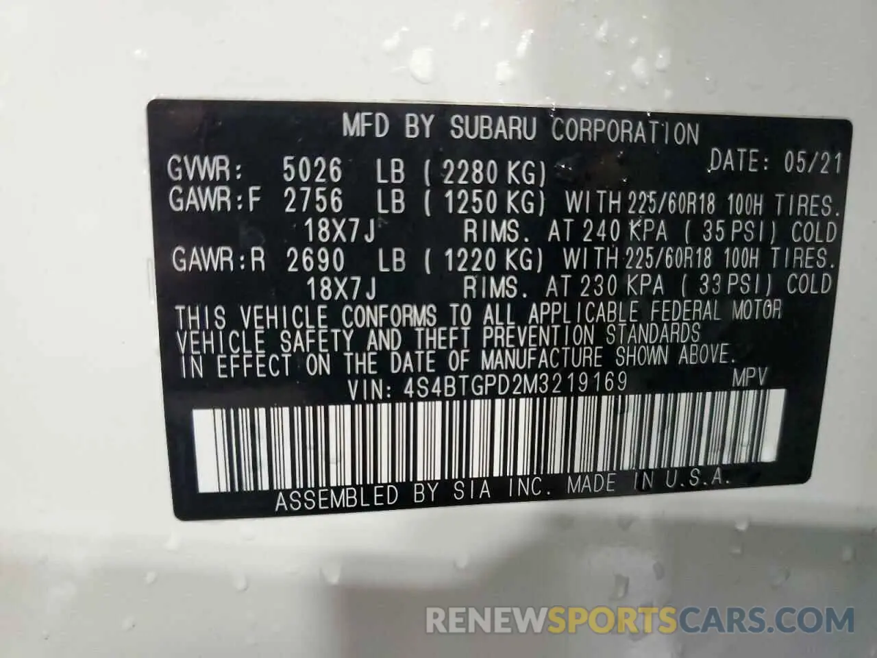 14 Фотография поврежденного автомобиля 4S4BTGPD2M3219169 SUBARU OUTBACK 2021