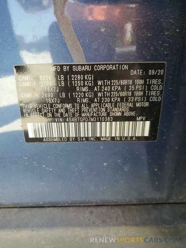 13 Photograph of a damaged car 4S4BTGPD7M3110383 SUBARU OUTBACK 2021