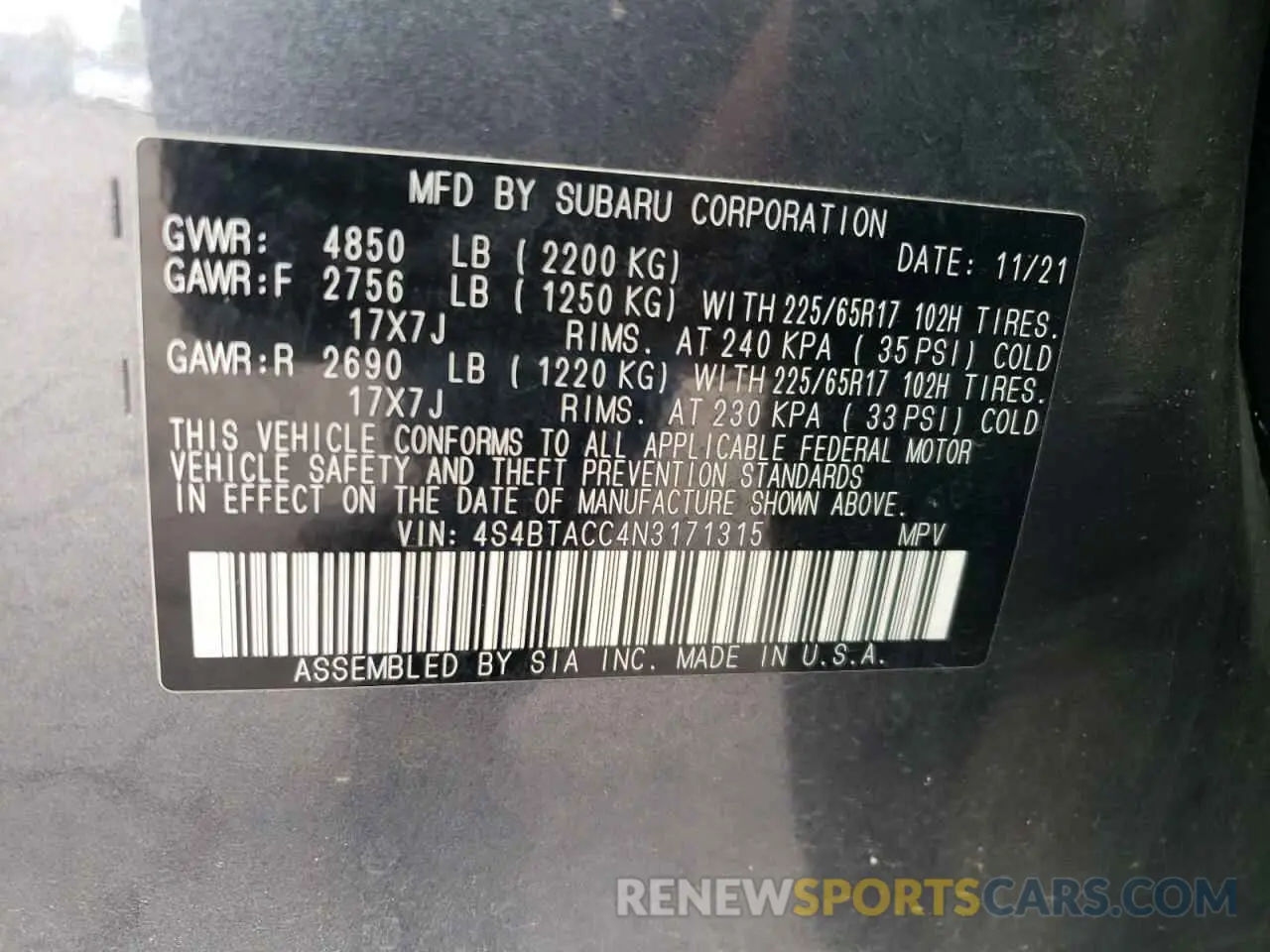 12 Photograph of a damaged car 4S4BTACC4N3171315 SUBARU OUTBACK 2022