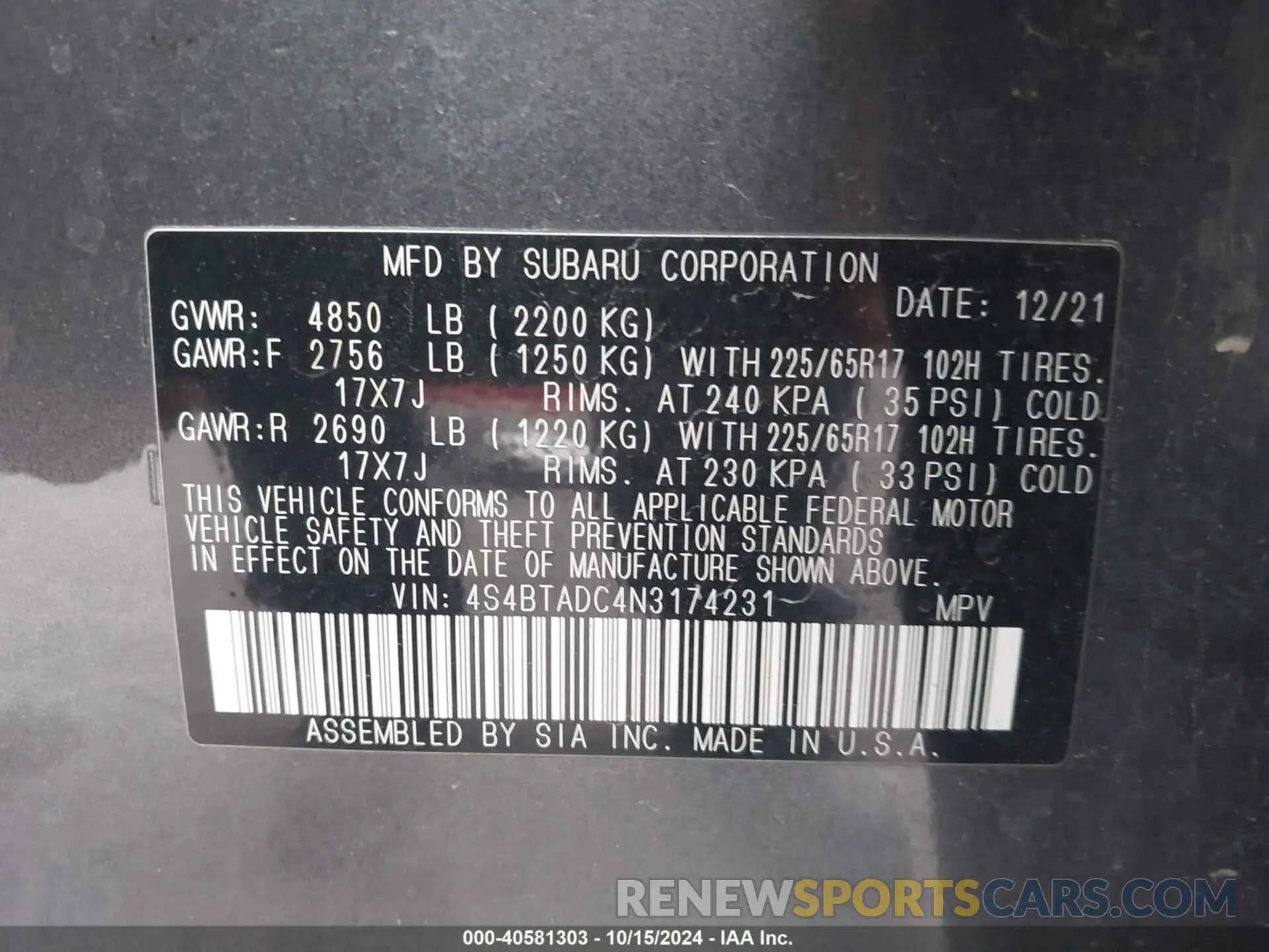 9 Фотография поврежденного автомобиля 4S4BTADC4N3174231 SUBARU OUTBACK 2022